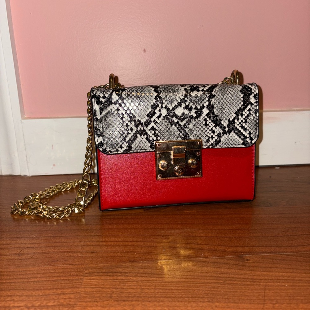 Fashion Nova Red and Snake Print Crossbody Bag